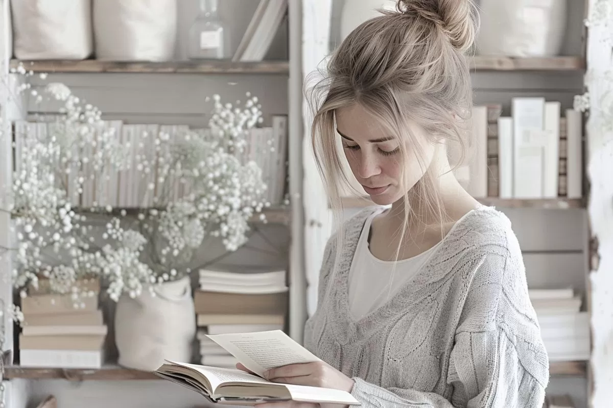 Woman reading a recent SEO book in a cozy library.