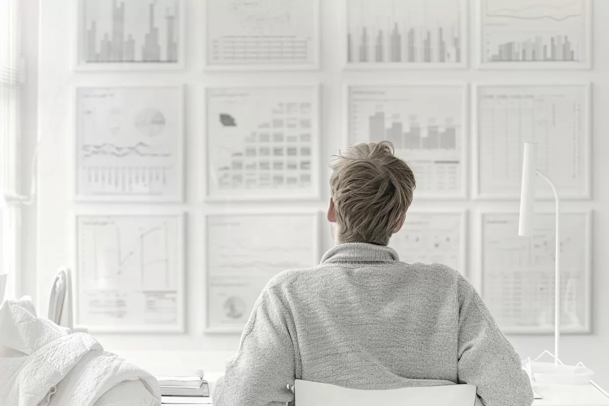 A businessman analyzing market research data on a computer screen.